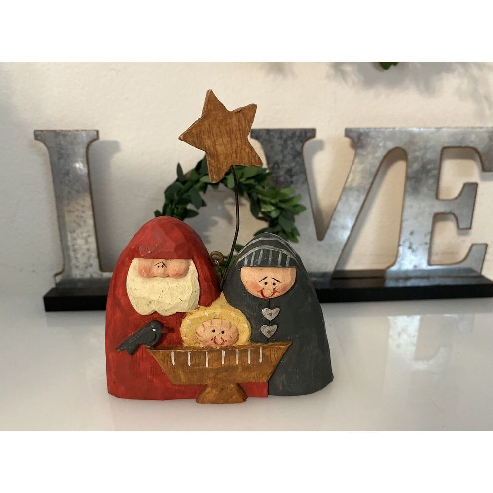 Holy Family Nativity Handmade & Hand Painted Wood American Folk‎ Art Craft 3.5X3